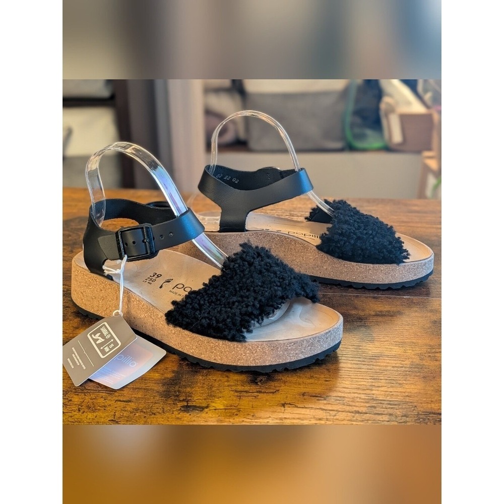 Papillio Birkenstock 8.5 NEW Glenda Teddy Shearling Black Platform Sandals boho